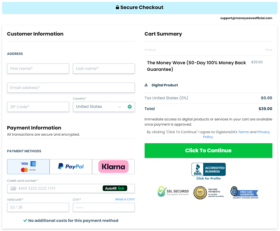 The Money Wave Checkout Page